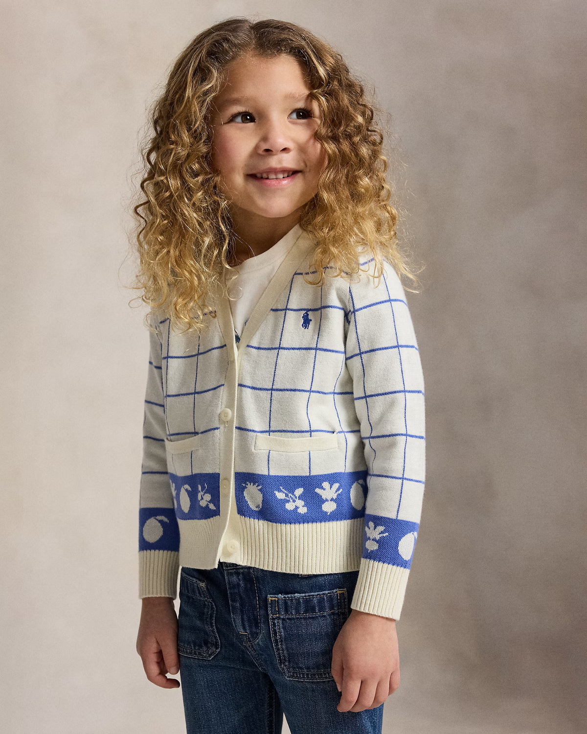 Windowpane Cotton V-Neck Cardigan