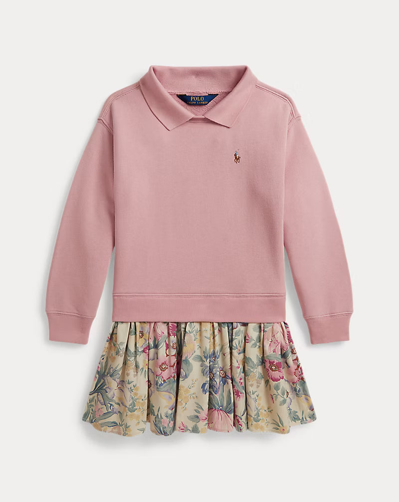 Floral-Skirt Terry Collared Dress