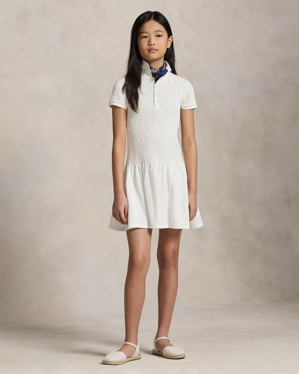 Smocked Stretch Mesh Polo Dress