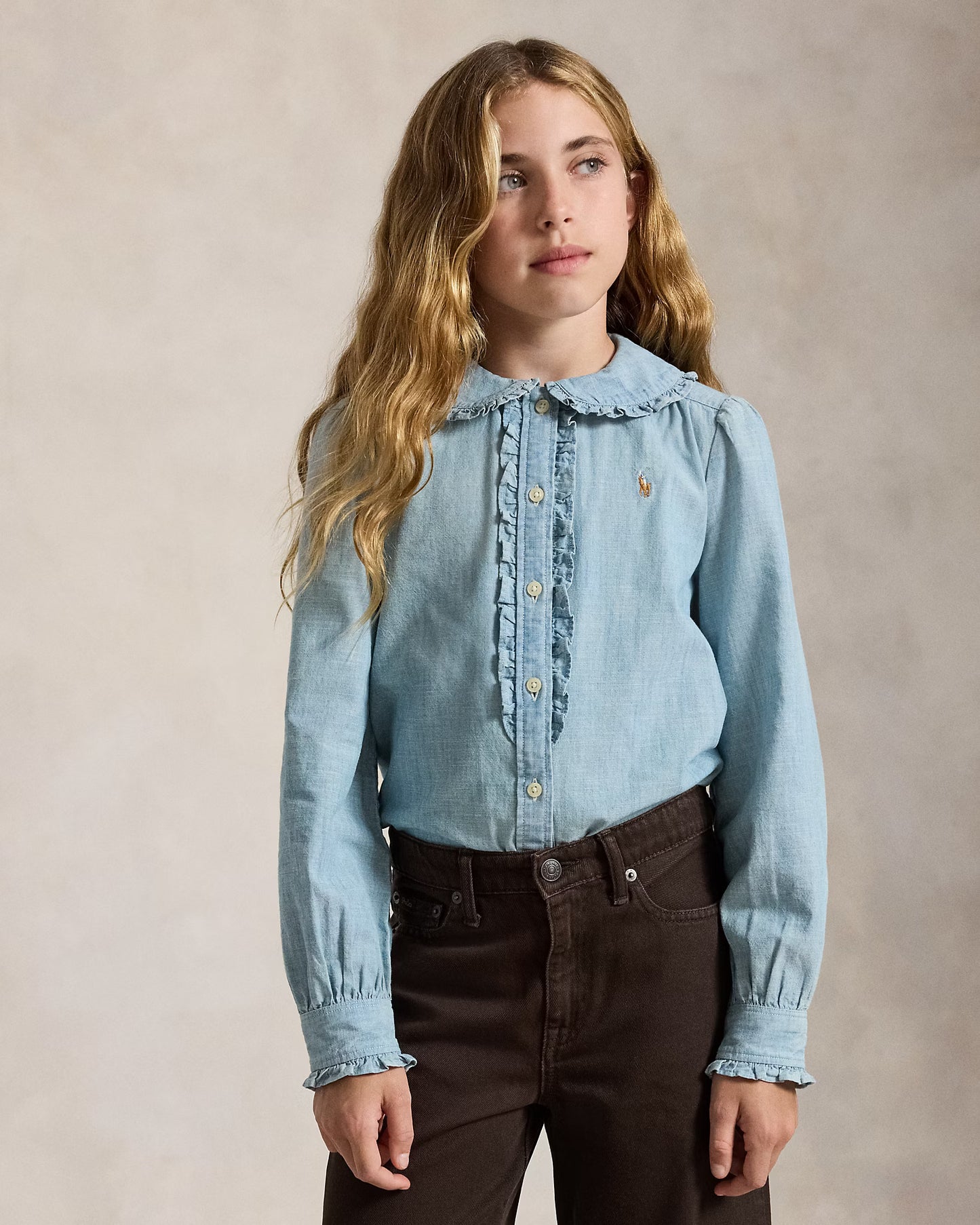 Cotton Chambray Ruffled Top