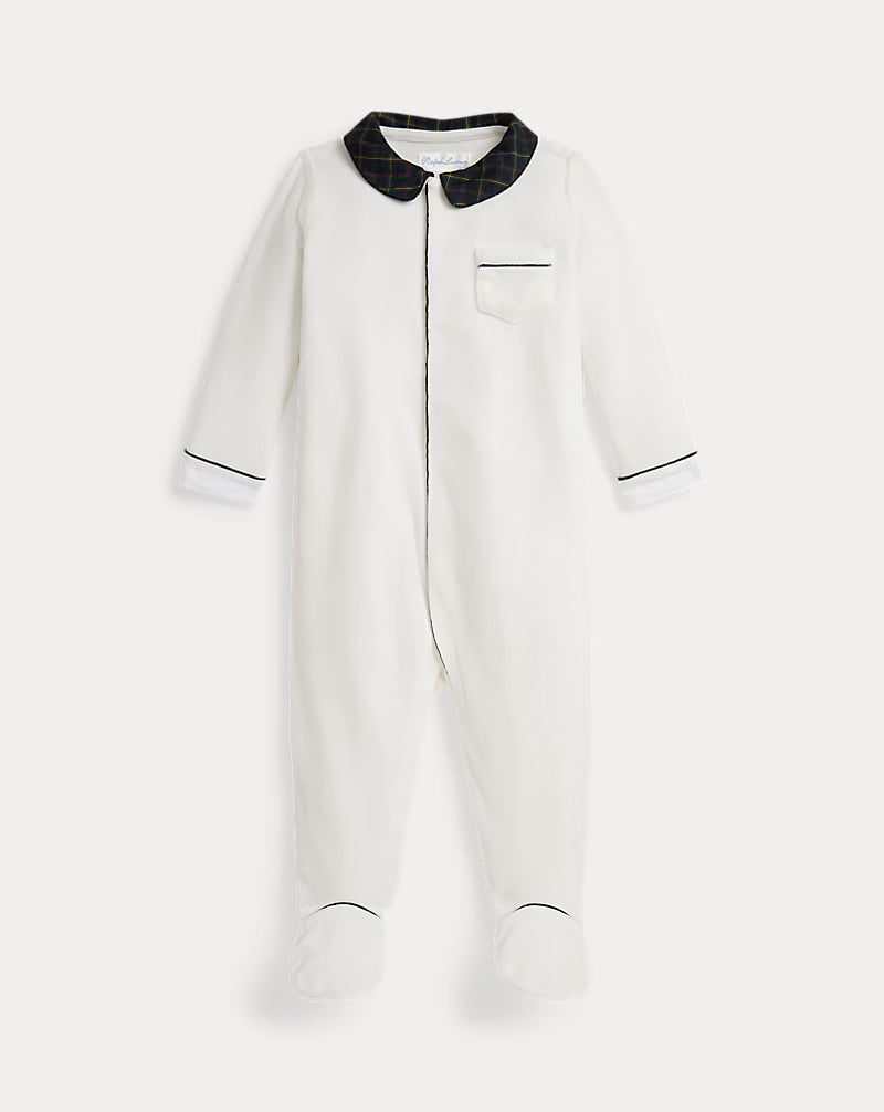 Plaid-Trim Velour Footed Coverall