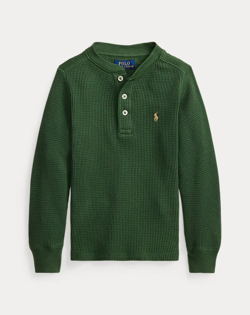 Waffle-Knit Cotton Henley Shirt