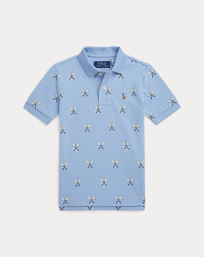 Tennis-Print Cotton Mesh Polo Shirt