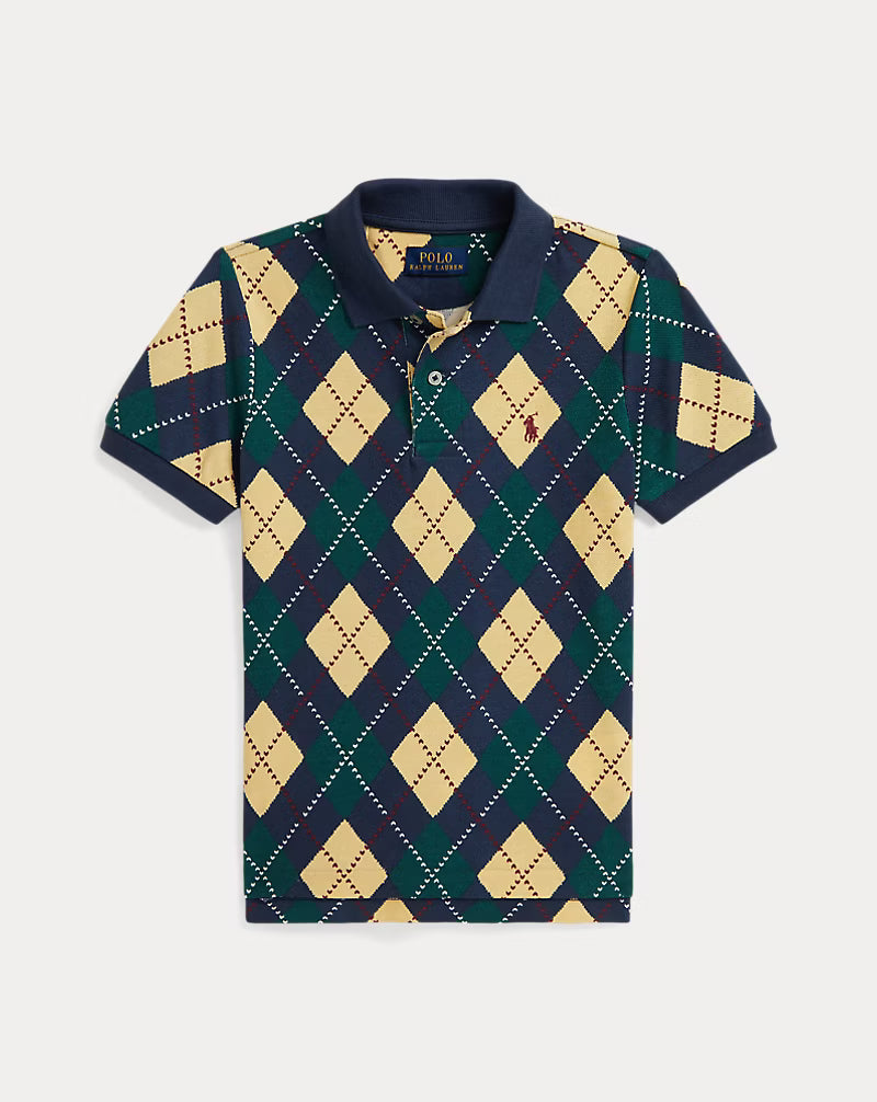 Argyle-Print Cotton Mesh Polo Shirt