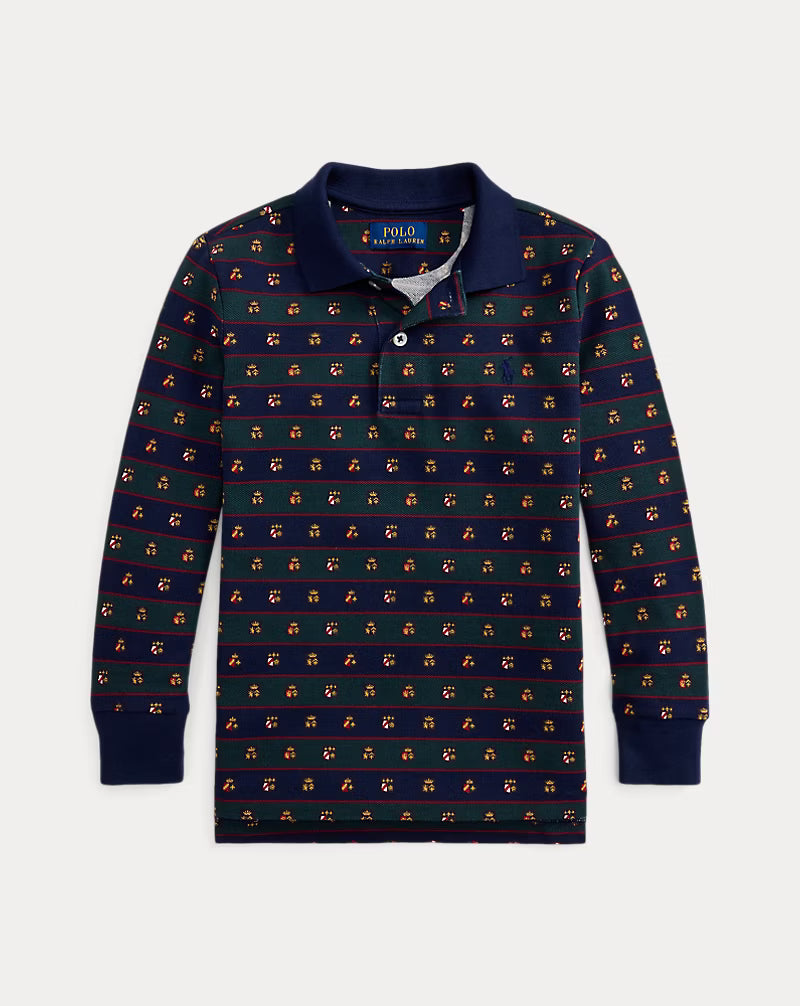 Crest-Print Mesh Long-Sleeve Polo Shirt