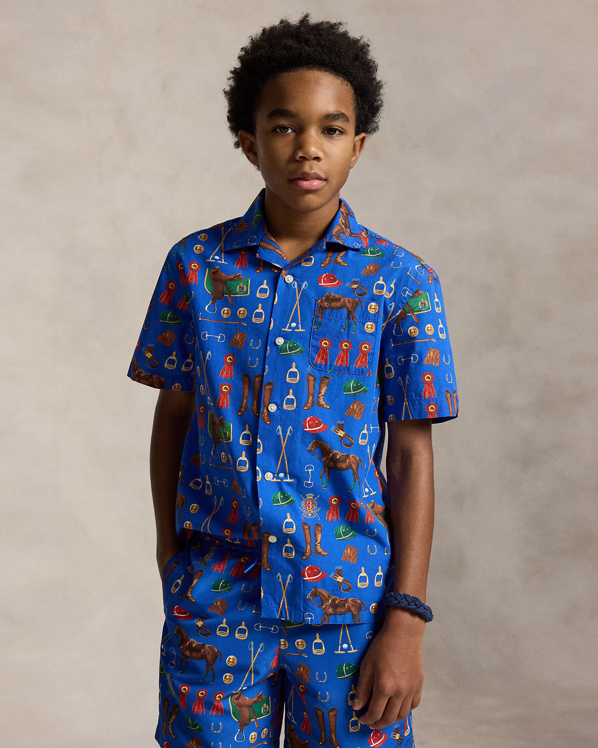 Equestrian-Print Cotton Camp Shirt