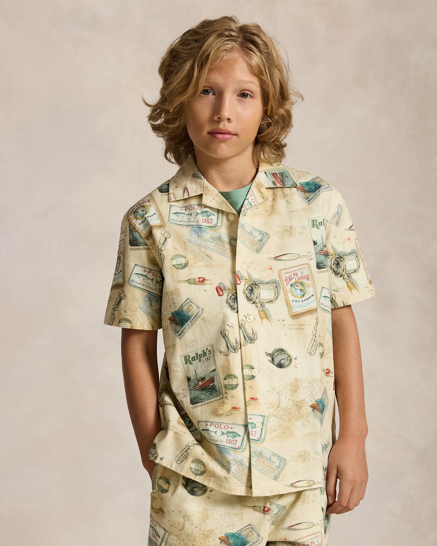 Fishing-Print Stretch Chino Camp Shirt