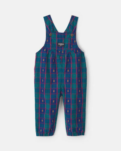 Toddler Girl Plaid Bear Overalls - Blue