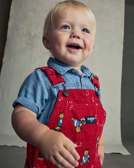 Toddler Bear Corduroy Overalls - Red
