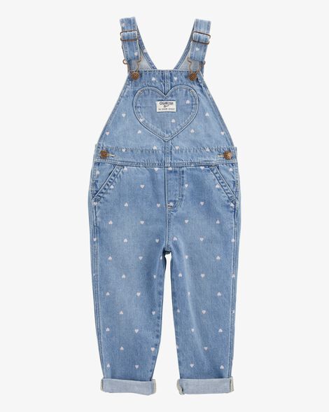 Baby Heart-Print Knit Denim Overalls - Blue