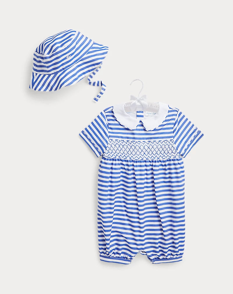 Hand-Smocked Cotton Shortall & Hat Set