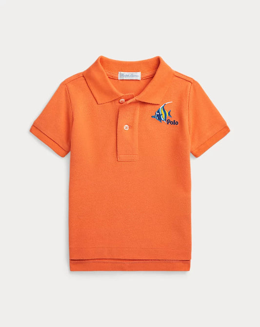 Fish-Embroidered Cotton Mesh Polo Shirt