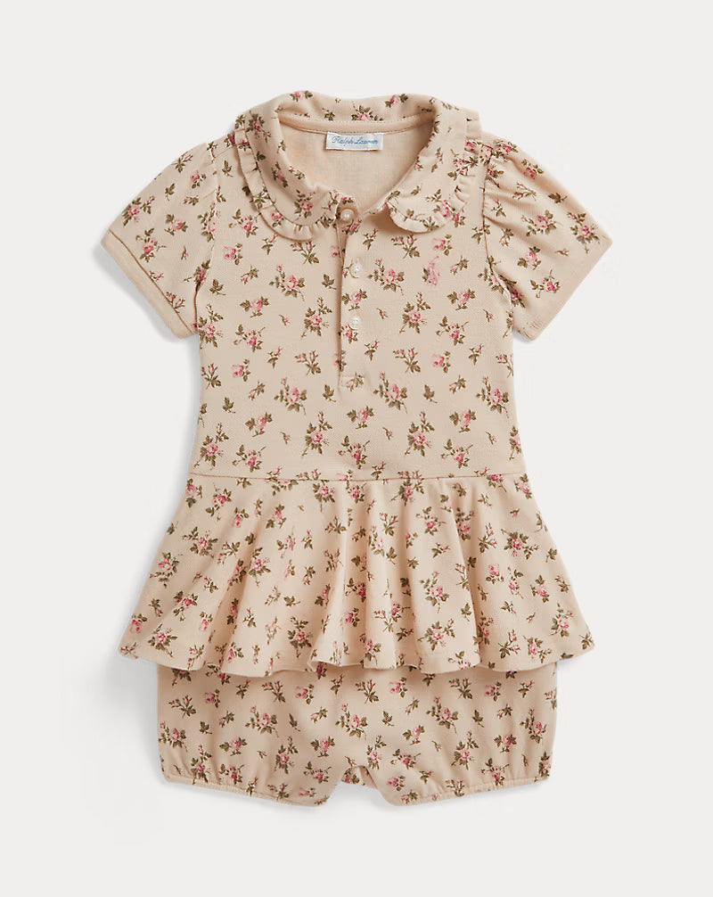 Floral Stretch Mesh Peplum Polo Shortall