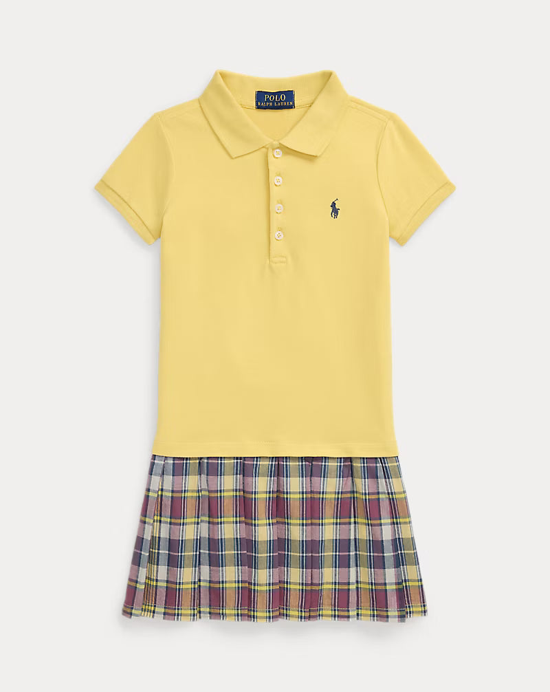 Plaid-Skirt Stretch Mesh Polo Dress