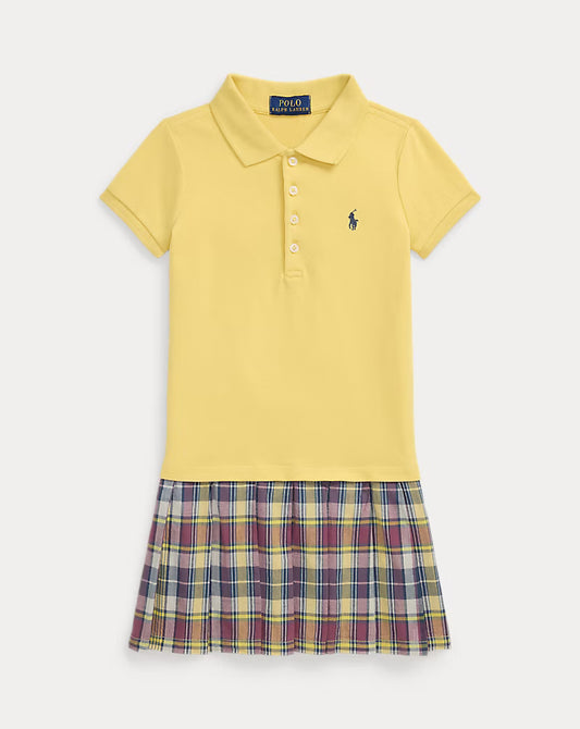 Plaid-Skirt Stretch Mesh Polo Dress