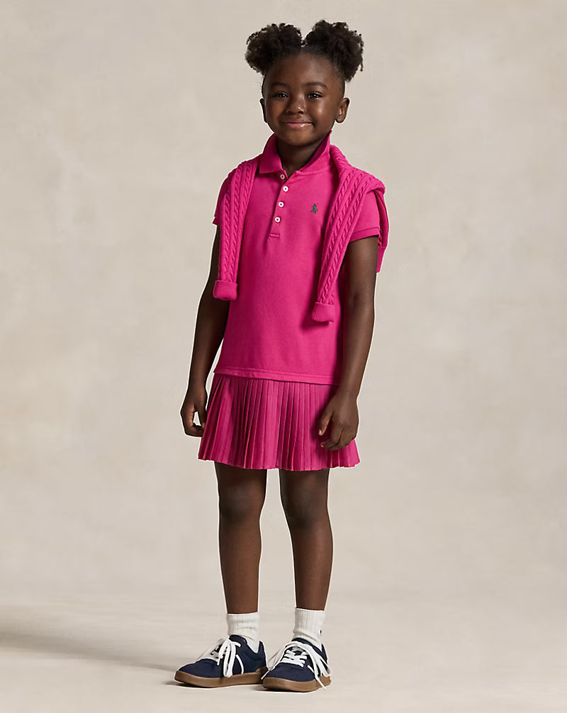 Pleated Stretch Mesh Polo Dress