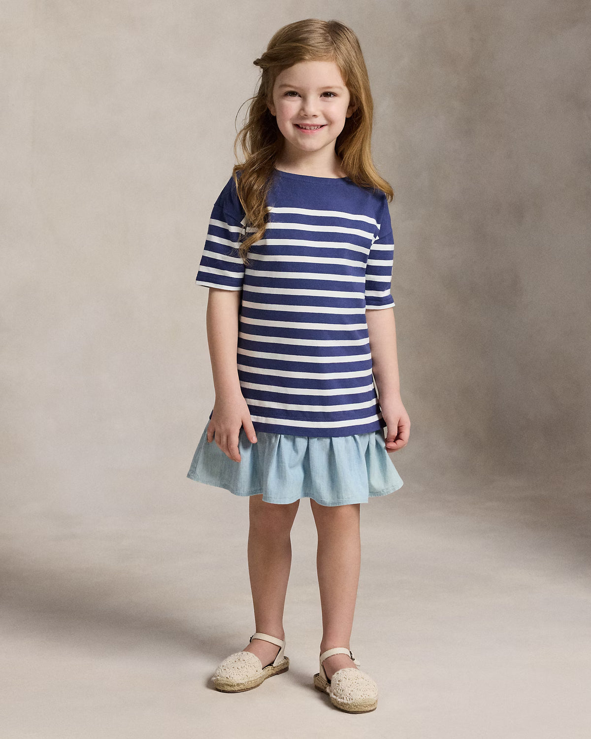 Striped Chambray-Skirt Cotton Dress