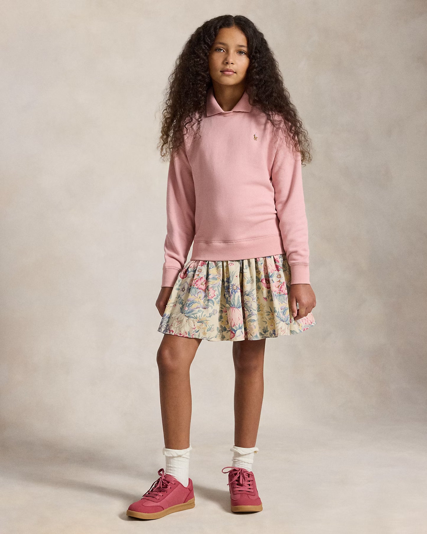 Floral-Skirt Terry Collared Dress