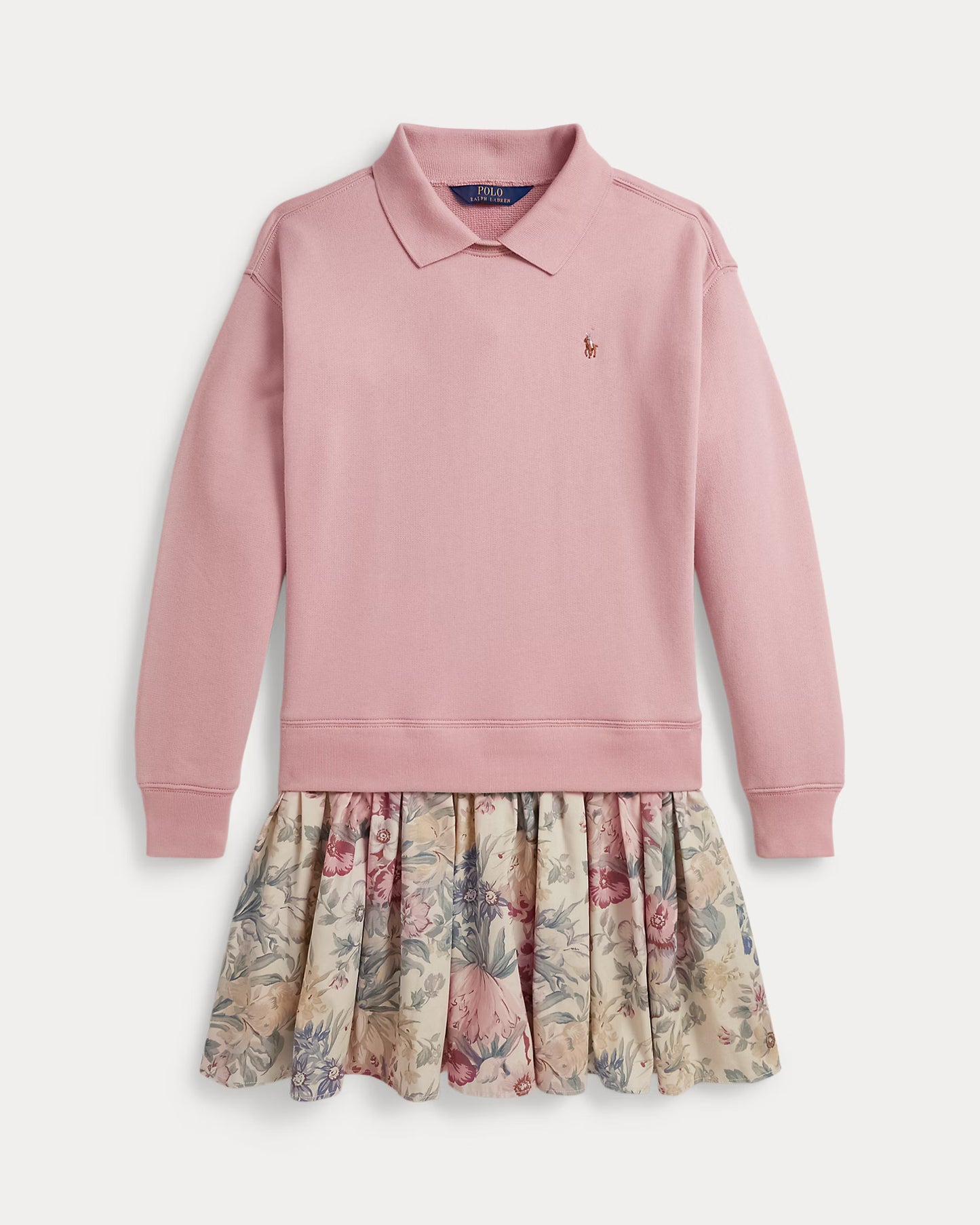 Floral-Skirt Terry Collared Dress