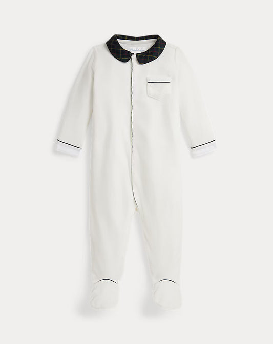 Plaid-Trim Velour Footed Coverall