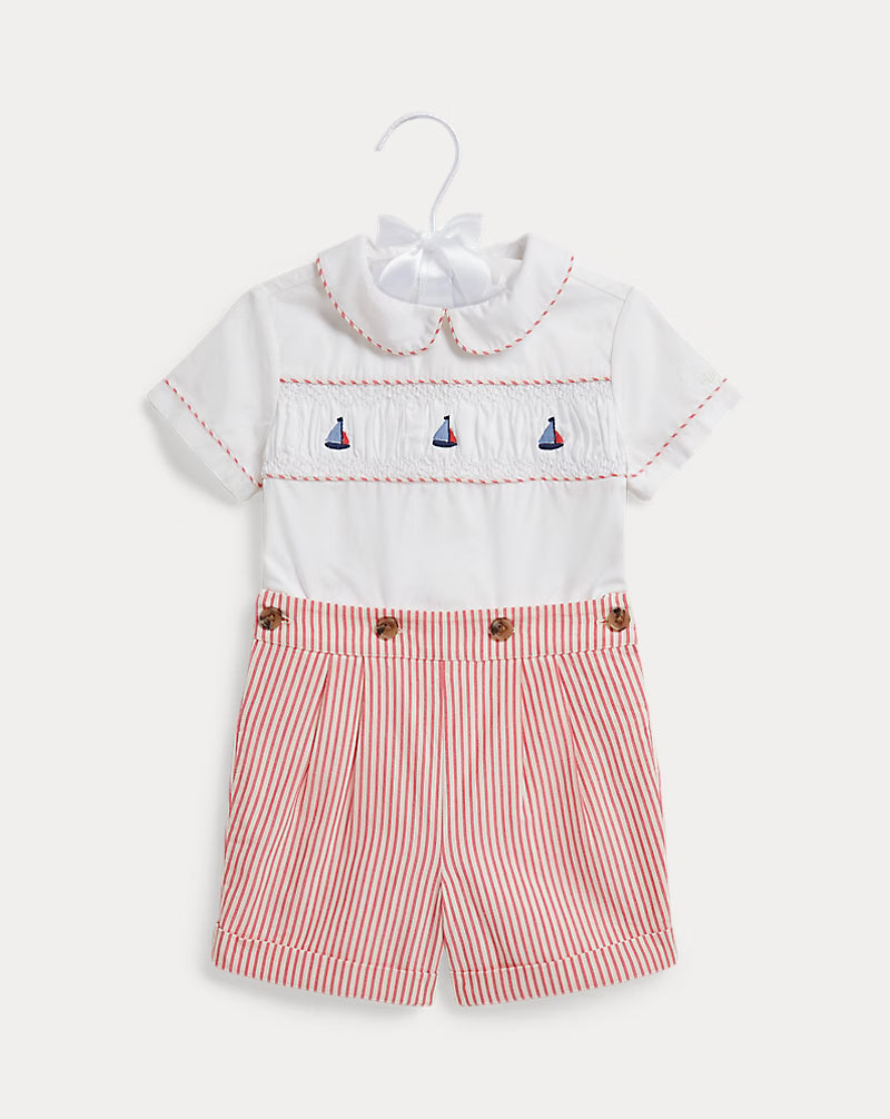 Smocked Cotton Shirt & Striped Short