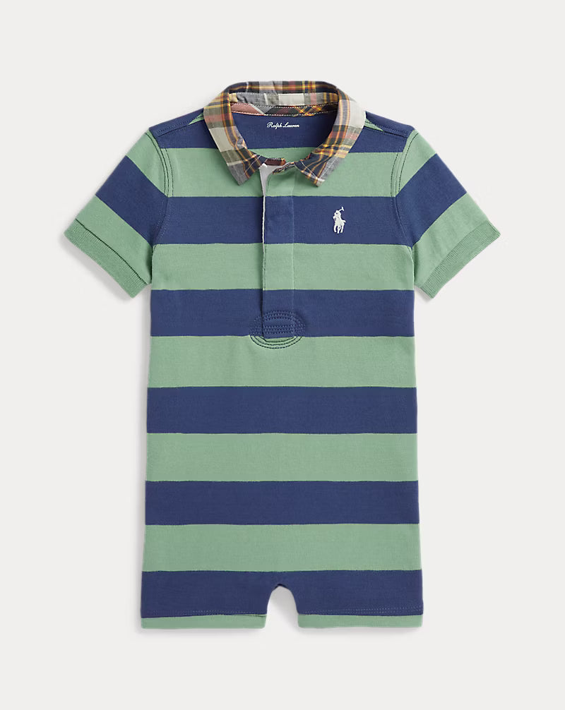 Madras-Collar Striped Cotton Shortall