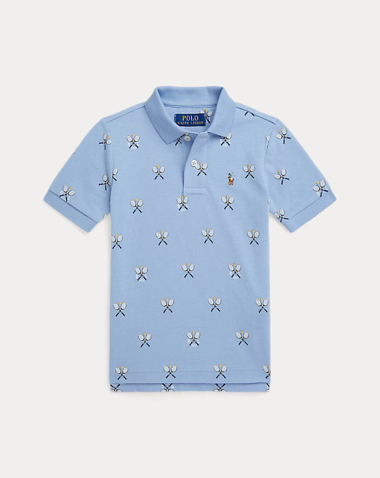 Tennis-Print Cotton Mesh Polo Shirt