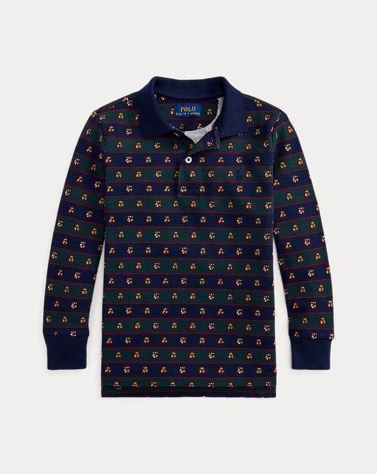 Crest-Print Mesh Long-Sleeve Polo Shirt