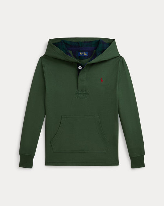 Plaid-Trim Hooded Rugby Shirt