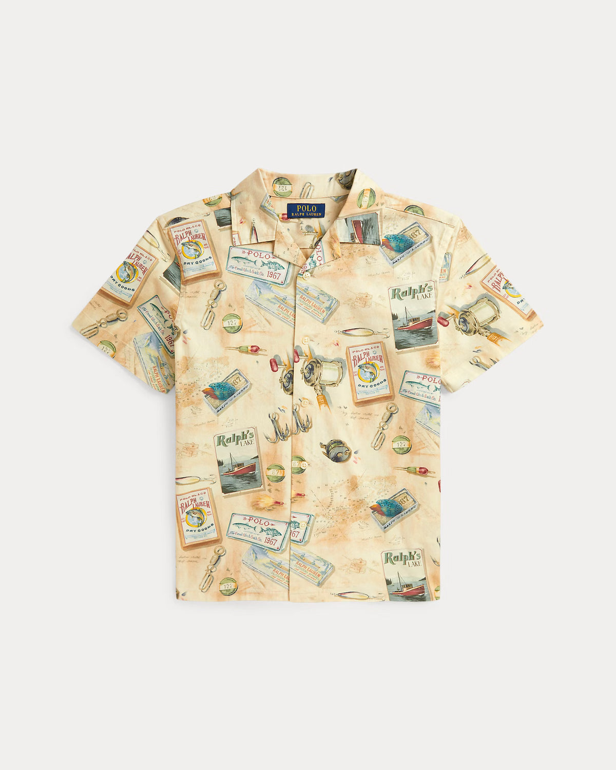 Fishing-Print Stretch Chino Camp Shirt